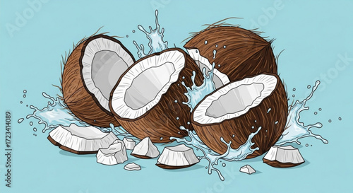 Illustration of whole and halved coconuts with water splashes on a light blue background surface