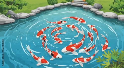 Cartoon illustration of a koi pond with multiple koi fish swimming in a circular pattern in blue water