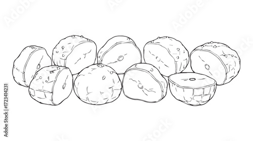 Hand drawn sketch of a group of hazelnuts scattered artistically for food photography or design silhouette