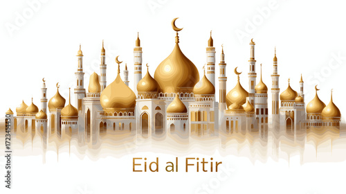Golden mosque skyline celebrating Eid al-Fitr in Islamic style  