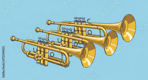 Illustration showing three golden trumpets arranged diagonally on a light blue colored background plane