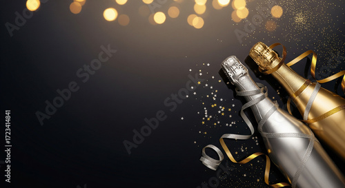 A New Year’s Eve inspired photo of silver and gold champagne bottles with sparkling ribbons, neatly placed to the right side of the frame.