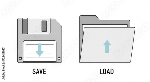 Illustration showing a floppy disk with a down arrow and a folder with an up arrow representing save load