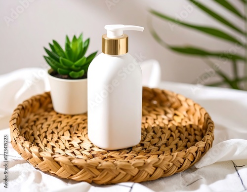 White bottle on woven tray