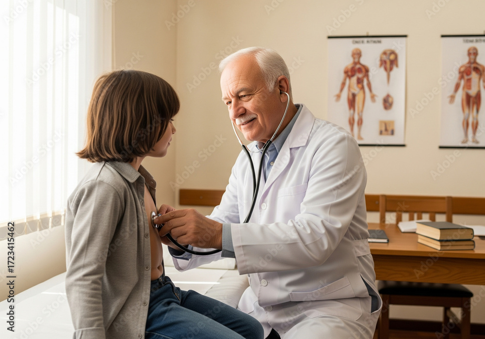 Obraz premium Elderly male doctor examining young girl patient with stethoscope in medical office