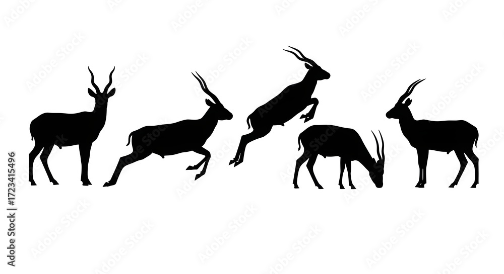 Naklejka premium Silhouettes of impalas in various poses isolated on white background