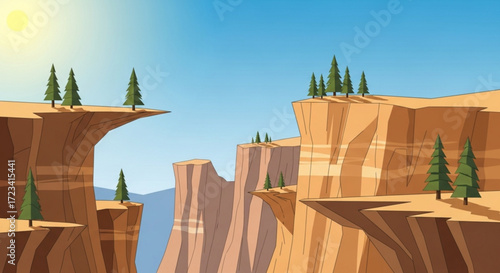 Illustration of canyon landscape with tall cliffs, evergreen trees, and a bright sun against a blue sky