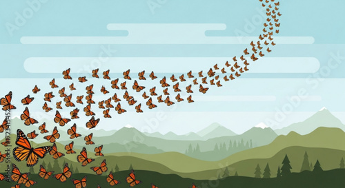 Monarch butterflies soaring above green mountains and trees in a clear blue sky landscape scene view