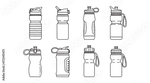 Collection of eight outline drawings of various sports water bottles for fitness and hydration silhouette