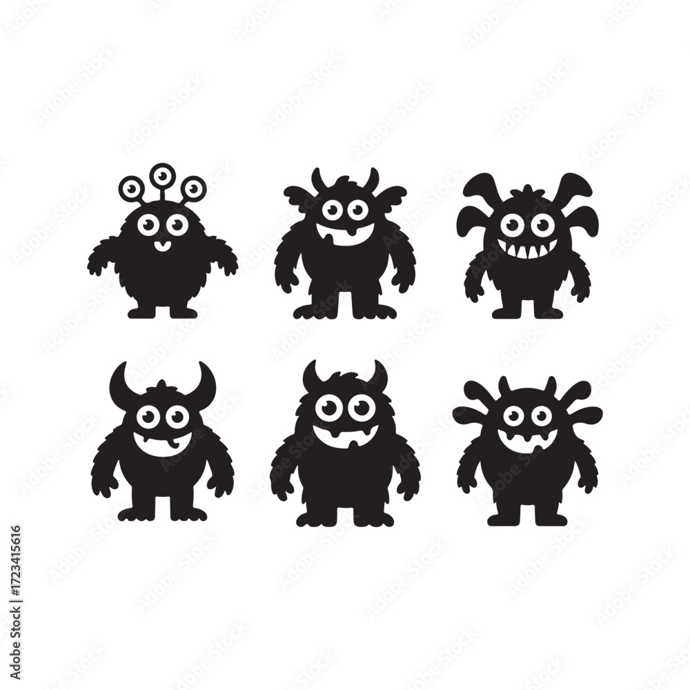 Fototapeta premium Six cute cartoon monster silhouettes vector isolated on white background