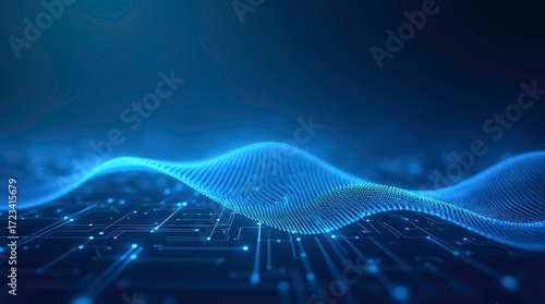 Abstract thin line light blue background in technology elegant style. 2026 wave on tech bg. Modern geometric banner with circuit wires on the chip. Vector illustration for presentation or banner