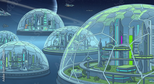 Futuristic cityscapes enclosed in transparent domes with spaceships in a celestial environment view