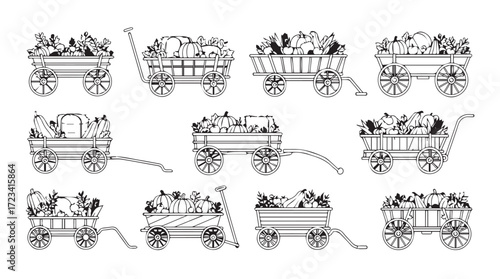 Charming hand drawn wagons filled with harvest produce ready for sale or transport silhouette