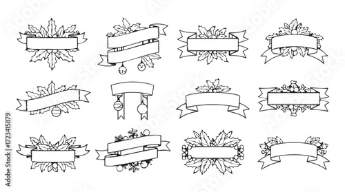 Collection of decorative hand-drawn blank ribbons and flourishes for titles and labels silhouette