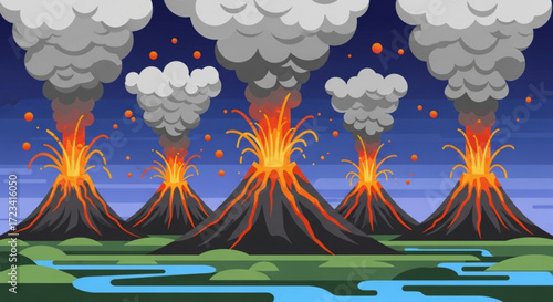Landscape view of multiple erupting volcanoes with smoke and lava flowing in a cartoon style landscape