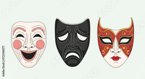 Illustration of three theatrical masks representing comedy tragedy and carnival with different expressions and colors
