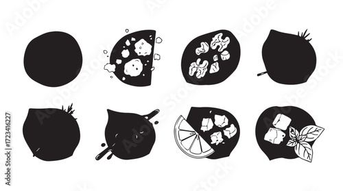 Artistic hand-drawn chocolate covered berries and fruits with various toppings and garnishes silhouette