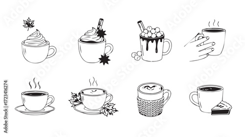 Collection of hand drawn coffee drinks and desserts perfect for fall and winter menus silhouette