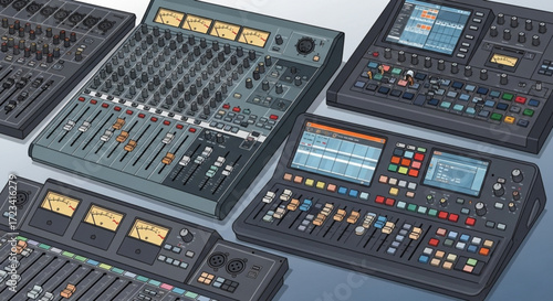 Illustration showcasing multiple audio mixing consoles with screens and various knobs and faders layout