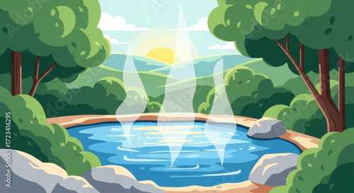Illustration of a steaming natural hot spring surrounded by lush green trees and a rising sun in the distance