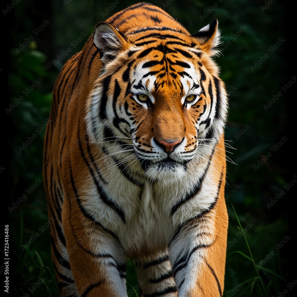 Fototapeta premium Walking Tiger Portrait Striking Eyes with Striped Fur