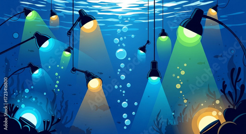 Underwater scene featuring multiple lamps illuminating the ocean floor with bubbles rising upwards