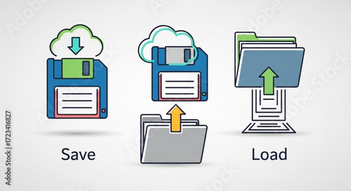 Illustration showing save and load icons with floppy disks, clouds and folders on a white background