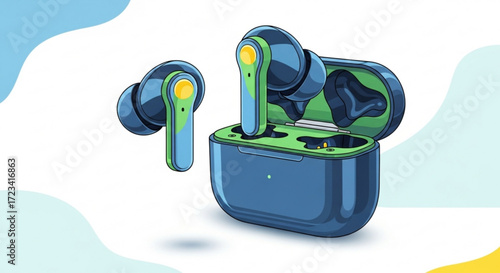 Illustration of wireless earbuds in a charging case with a blue and green color scheme on a white background