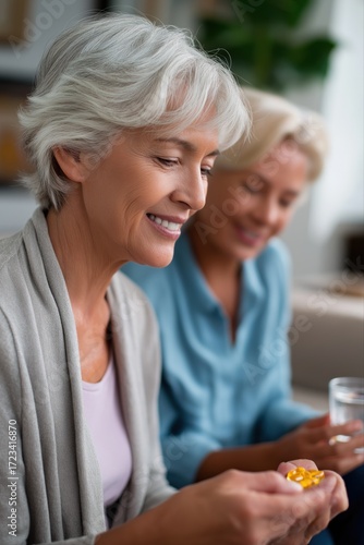 Elderly caucasian women taking supplements in a cozy living room setting