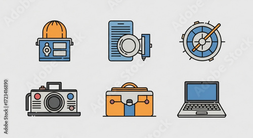 Illustration featuring a toaster with bread, a phone with a stylus, a clock, a camera, a briefcase, and a laptop