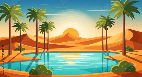 Illustration of a desert oasis with palm trees, sand dunes, and a bright sun in a clear blue sky scene