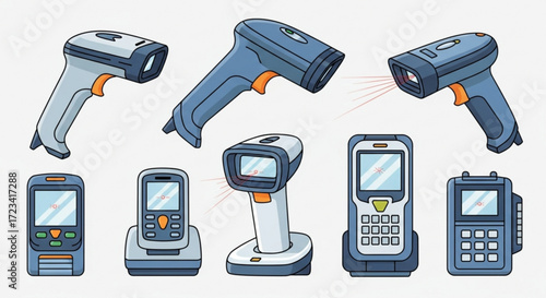 Illustration of multiple barcode scanners and handheld terminals in various designs and orientations