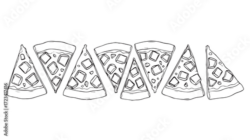 Hand drawn slices of delicious pepperoni pizza arranged in a row for food design silhouette