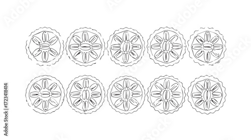 Top view of ten sparkling round diamond gemstones with facet reflections silhouette
