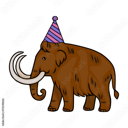 Festive vector illustration of a woolly mammoth wearing a striped party hat, a charming character design perfect for birthday celebrations or prehistoric-themed projects.