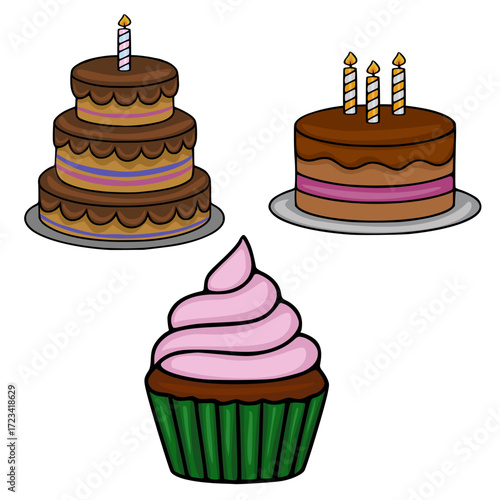 Delightful vector illustration featuring a trio of delectable birthday treats a three-layered chocolate cake with a single candle, a round chocolate cake with three candles, and a charming cupcake...