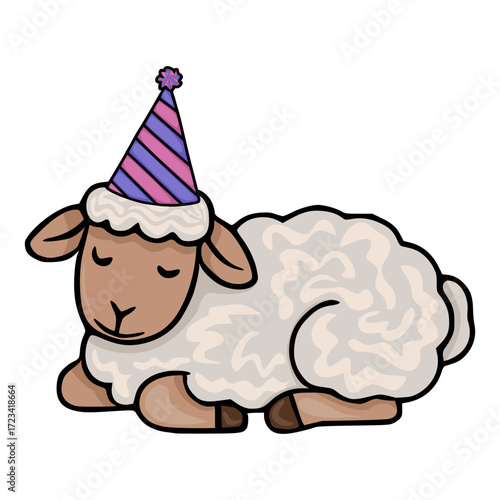 Adorable vector illustration of a sleeping sheep wearing a striped party hat, perfect for birthday celebrations or children's designs.