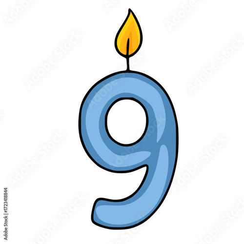 A playful vector illustration of a light blue number nine shaped birthday candle with a bright orange flame, perfect for festive designs and celebrations.