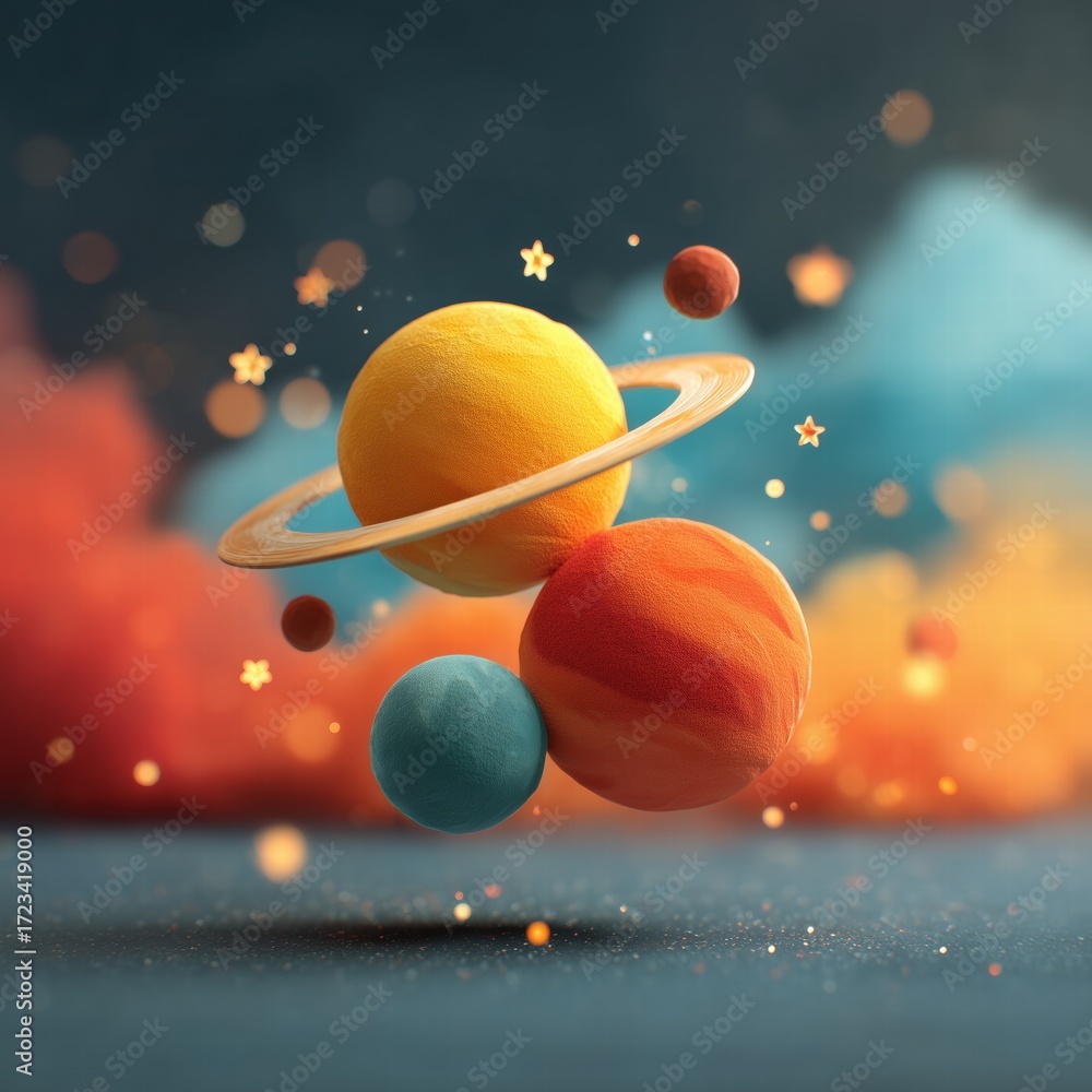 Fototapeta premium Floating Kawaii Planets with Ring — Cute 3D Clay Solar System