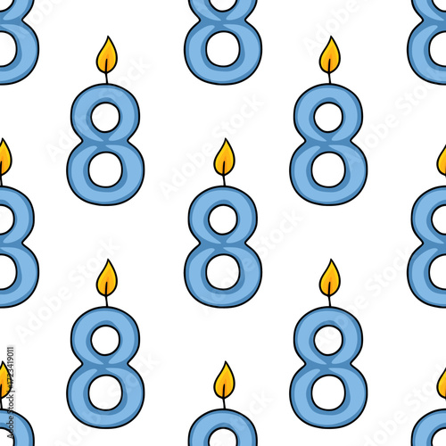 Seamless vector pattern of light-blue number eight candles with yellow flames, perfect for birthday invitations or festive designs.