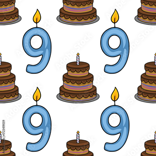Seamless vector pattern featuring a playful design of light blue number nine candles and delicious two-layered chocolate cakes, perfect for birthday invitations or festive backgrounds.
