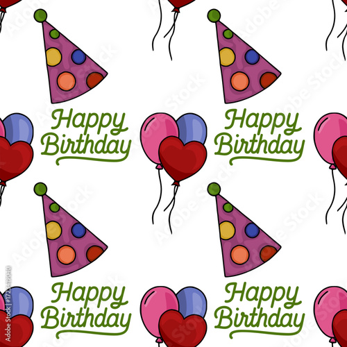 Seamless vector pattern featuring whimsical party hats, heart-shaped balloons, and the phrase Happy Birthday in a playful, hand-drawn style, perfect for festive celebrations.