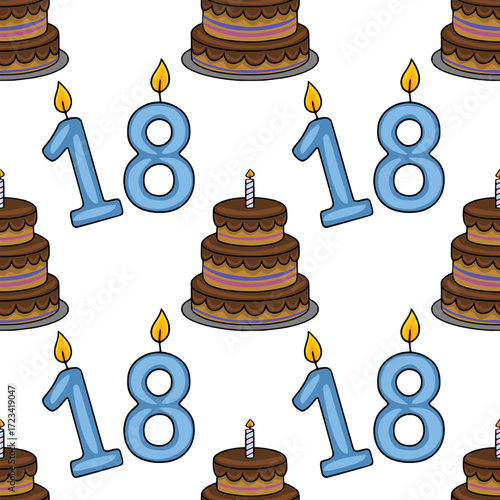 Seamless vector pattern featuring a cheerful illustration of chocolate cakes and lit number eighteen candles, perfect for birthday celebrations.
