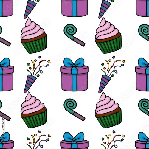 Seamless vector pattern featuring cheerful cupcakes, gift boxes with blue ribbons, party blowers, and candy swirls, creating a festive and playful birthday design.