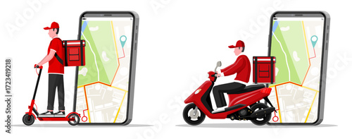 Man on scooter and man on motorbike with delivery bag with city map background. Courier service for faster product delivery.