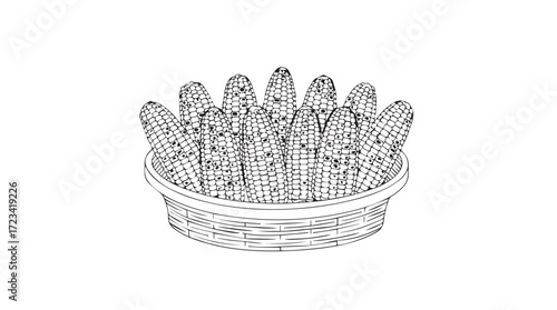 Hand drawn sketch of a basket full of fresh corn on the cob organic produce silhouette