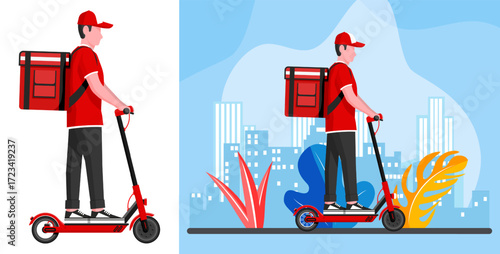 Man delivery worker driving electric scooter. Fast food shipping service online. Fast meal delivery urban landscape.