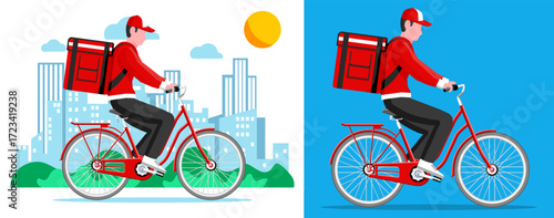 Delivery man courier riding bicycle with red thermal backpack. Food delivery service concept. Flat design.