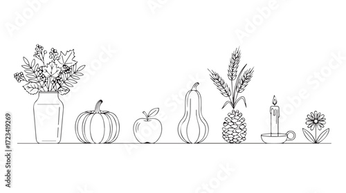 Hand drawn autumnal still life objects arranged line art outline elements for seasonal decor silhouette