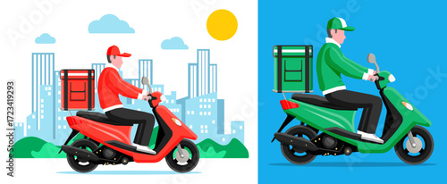 Man delivery worker driving scooter through city streets. Express food home delivery service. Bike shipment transport concept.